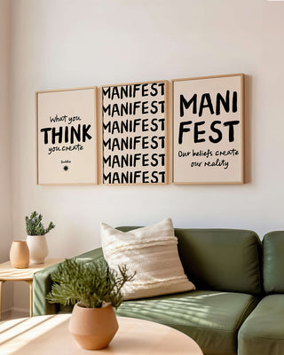 What You Think, You Create Print. Buddha quote. Spiritual poster. Motivational quote print. Feel good gallery wall. Manifest poster set, framed on living room wall