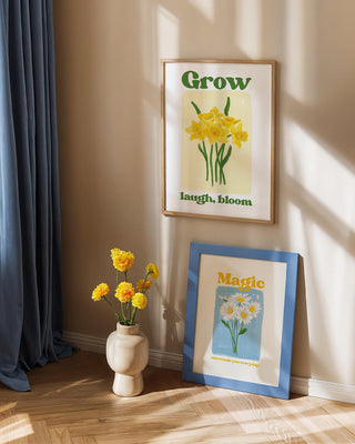 Grow, Laugh, Bloom art print. Featuring hand-drawn watercolour daffodils. Supports your personal growth, share laughter, and bloom with confidence. Hopecore, uplifting positive feel-good art prints. Hand painted spring flowers wall art