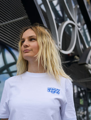 The best is yet to come t-shirt. positive messaging mental health tee. white and blue