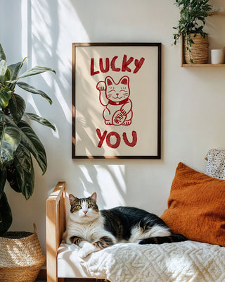 Lucky you unique wall art print in a black frame in quirky living room with a cute cat. The art print is hand drawn and features a drawing of Japanese lucky cat. The poster is in cream and cherry red. Contemporary wall art gift for loved ones, anniversaries or Valentine's day.