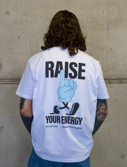 Raise your energy tee, good energy unisex t-shirt, streetwear, positive clothing, man with tattoos