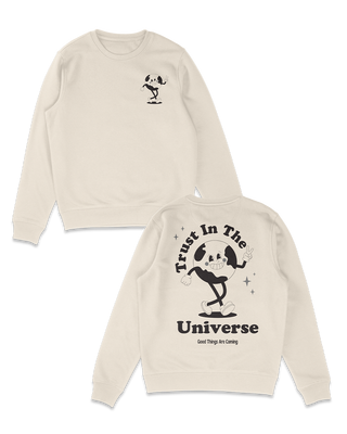 Trust in the universe retro mascot character design in black. Positive affirmations, wellness jumper