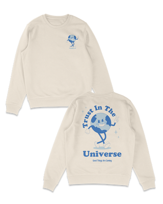 Trust in the universe retro mascot character design in blue. Positive affirmations, wellness jumper