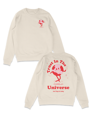 Trust in the universe retro mascot character design in red and pink. Positive affirmations, wellness jumper