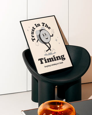 Trust in the timing of your life, positive print, retro mascot poster. Positive affirmation, wellness mindfulness poster. Affirmation print for mental health with positive quote.